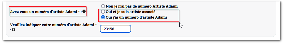 Capture d'écran du formulaire du site i-DA.adami.fr indiquant la saisie du numéro d'artiste Adami