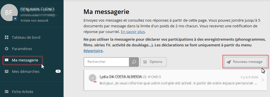 Capture d'écran illustrant la fenêtre de messagerie du compte artiste, sur le site compte.adami.fr 